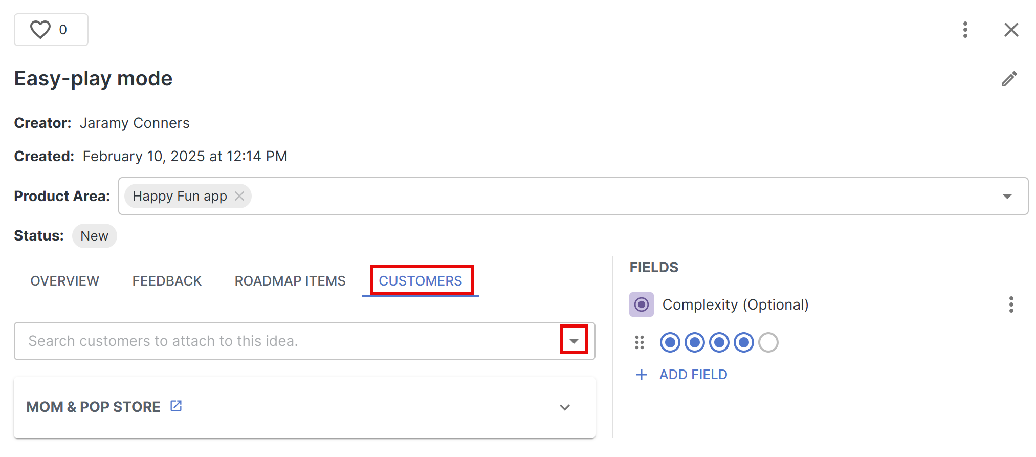 Adding a customer to an idea