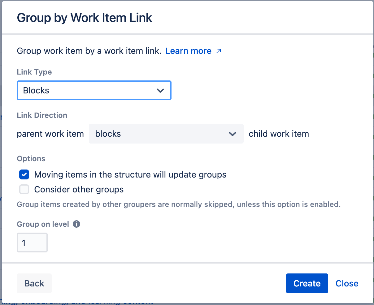 Group by Work Item Link options