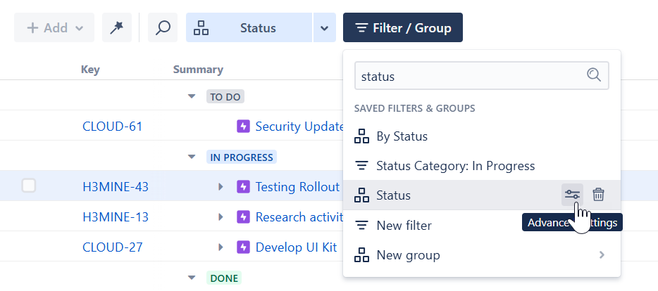 Editing a group from the Saved Filters and Groups list