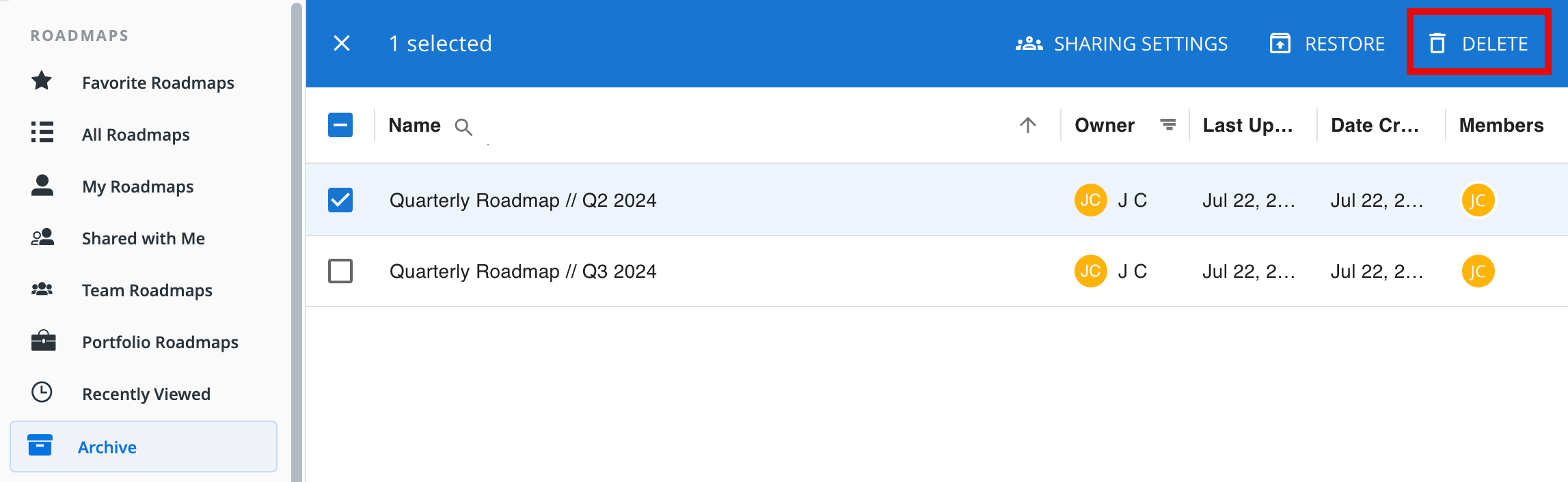 Deleting an archived roadmap