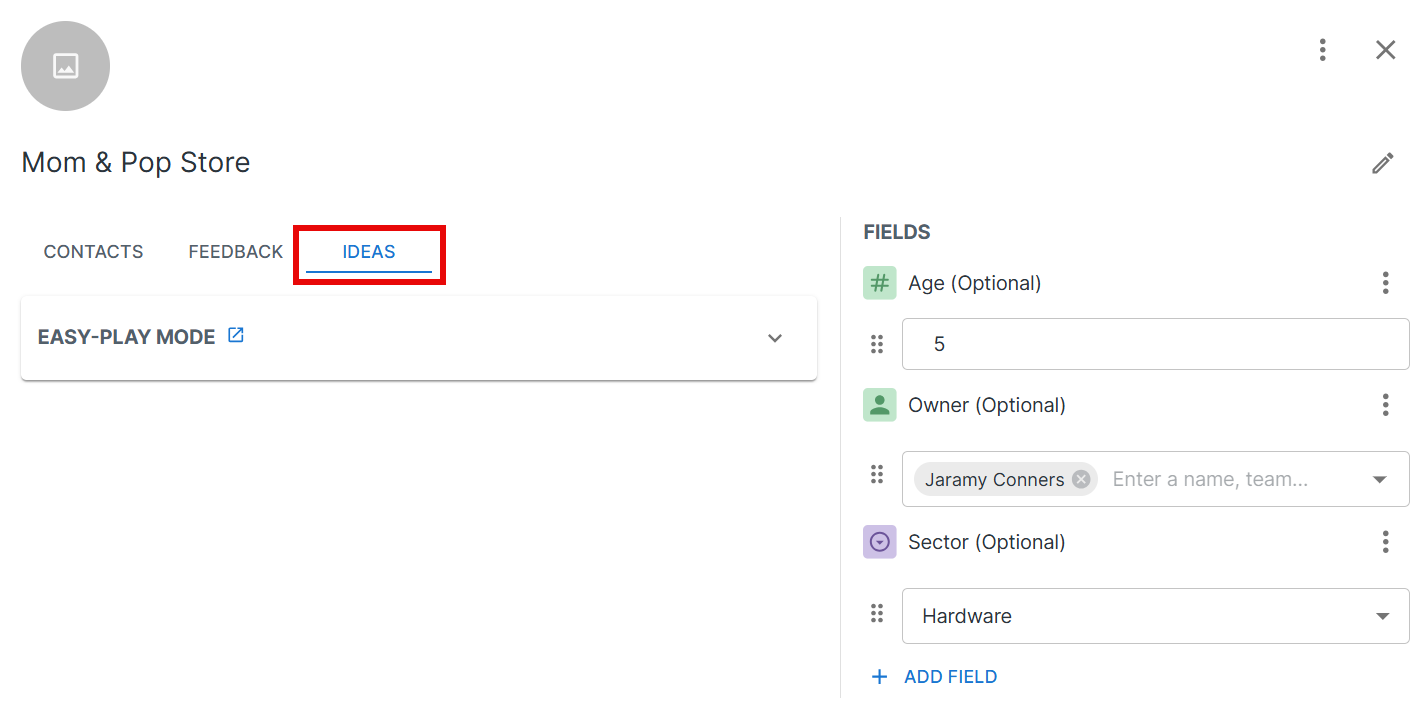 Ideas tab on a customer card
