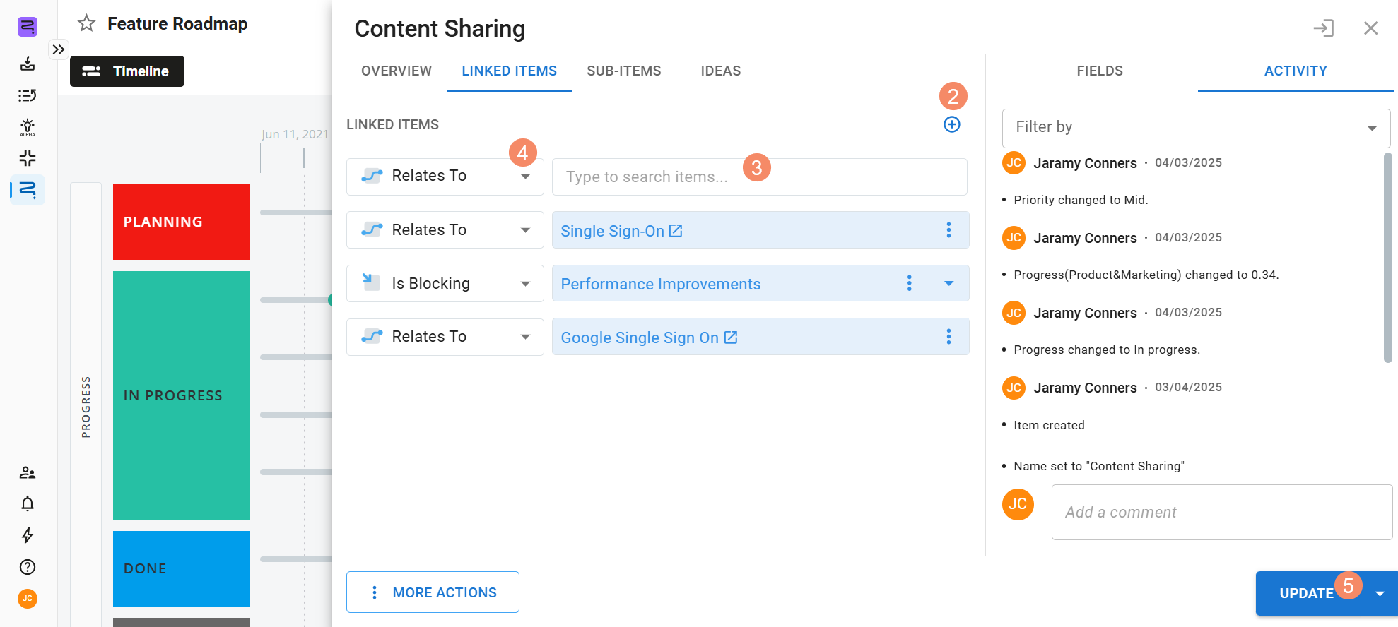 Labeled steps for creating an item link on the item card
