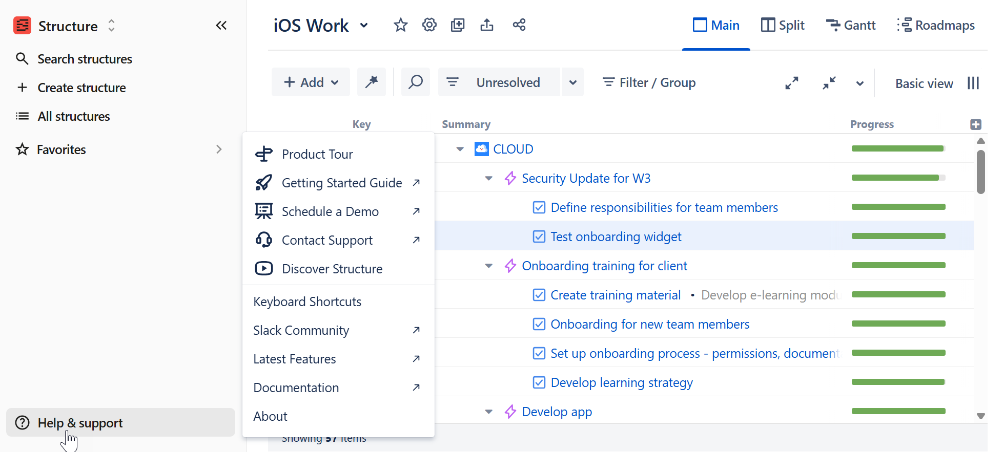 Help and support menu