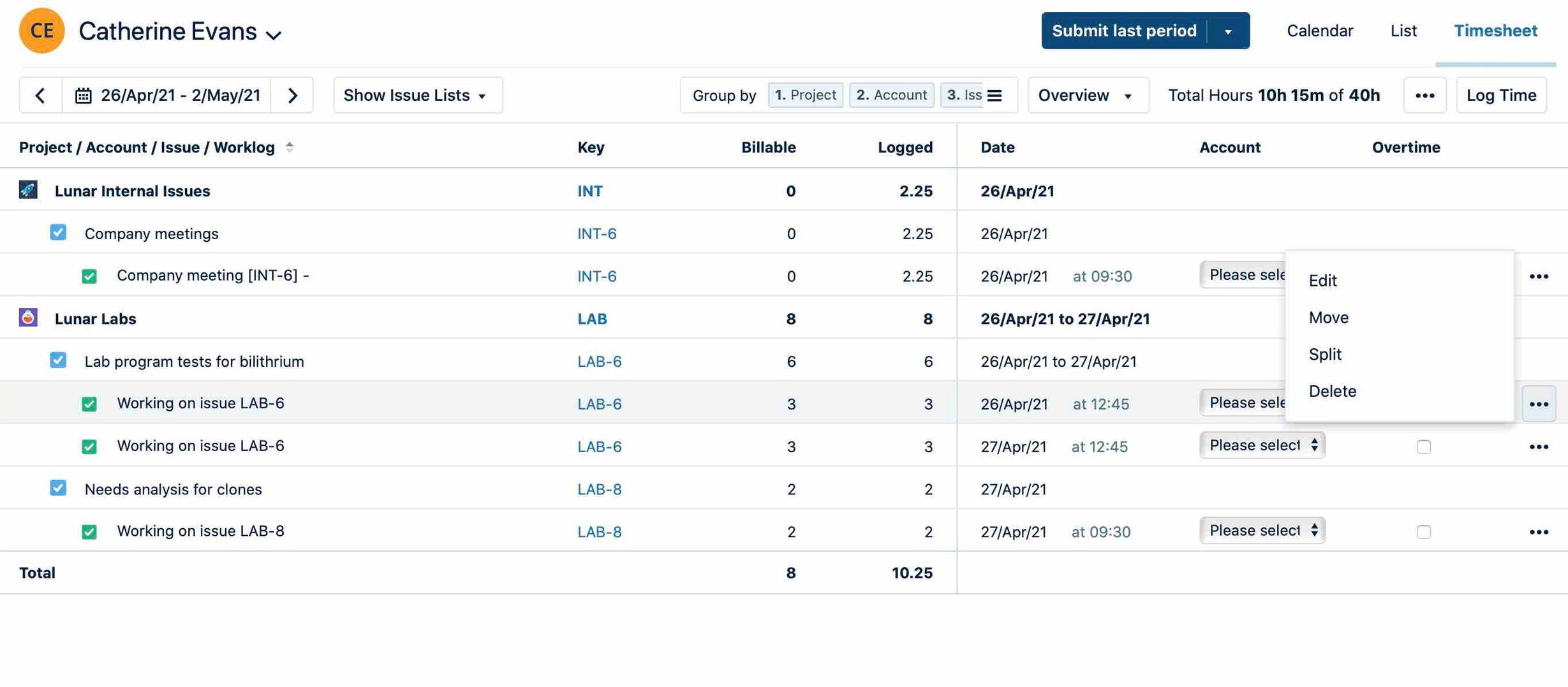 Actions menu in the Overview