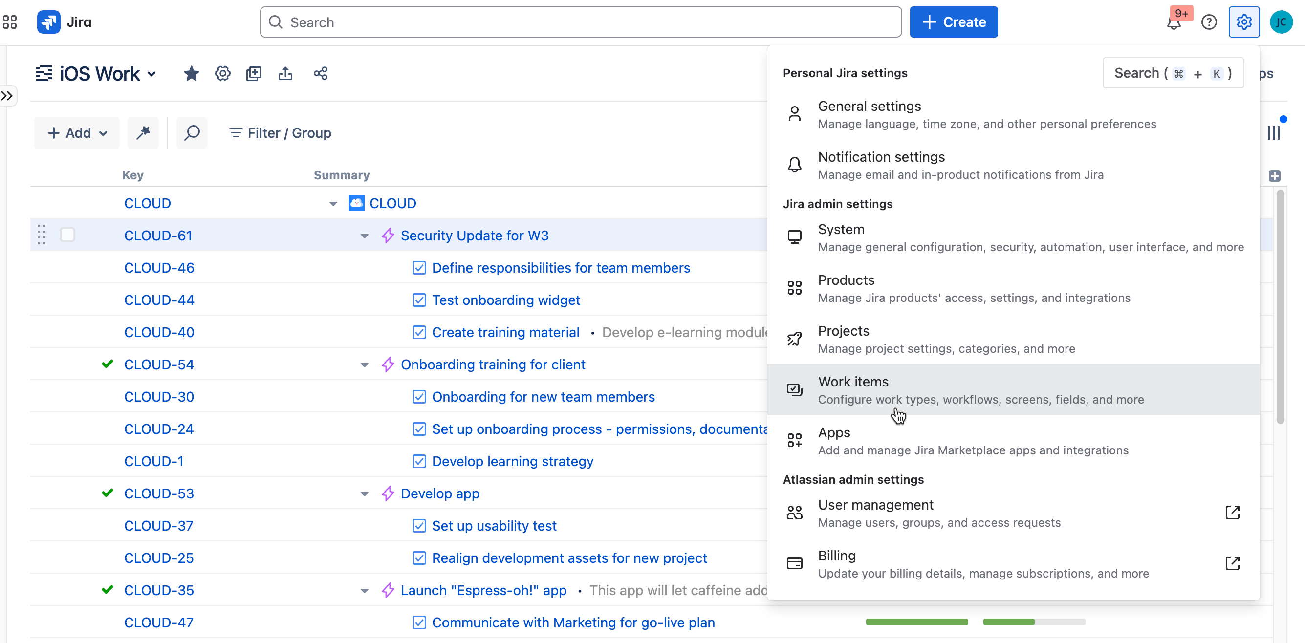 Work Items in the Settings menu