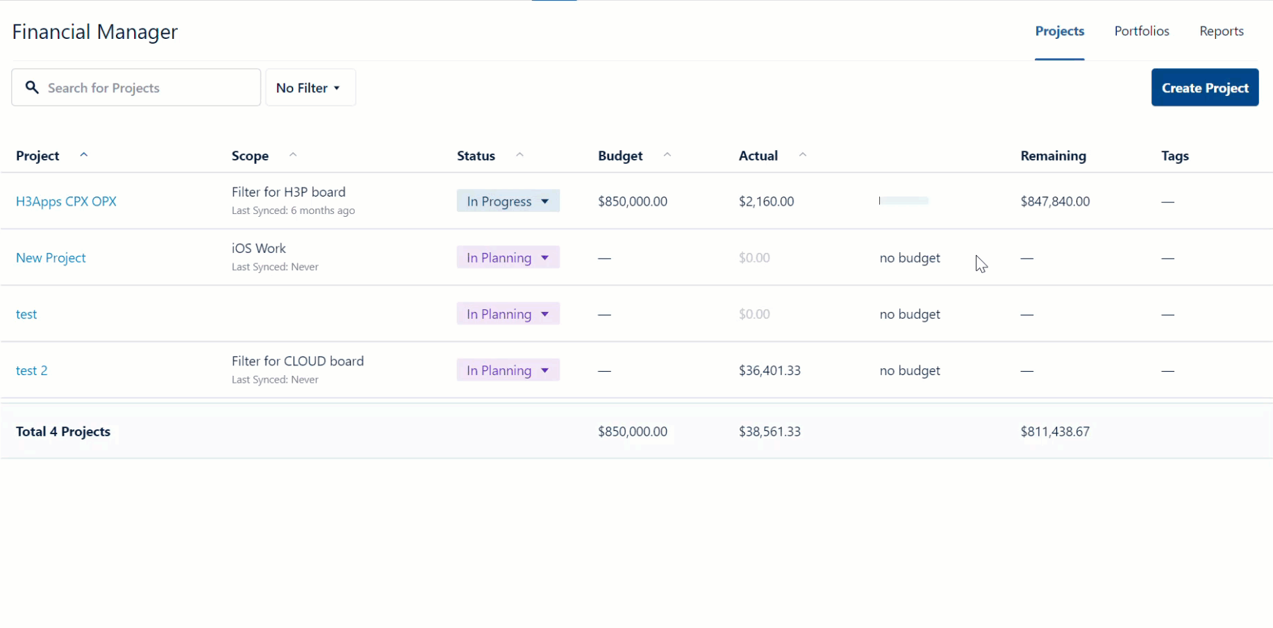 Creating a Financial Manager project based on a structure