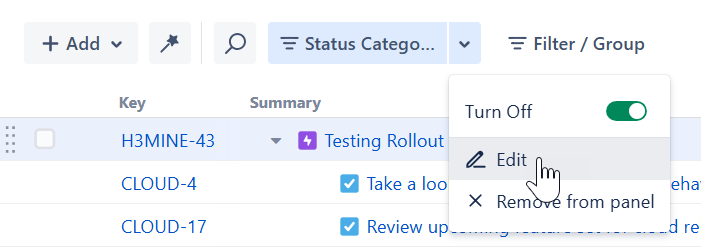 Edit a filter from the filter and group panel