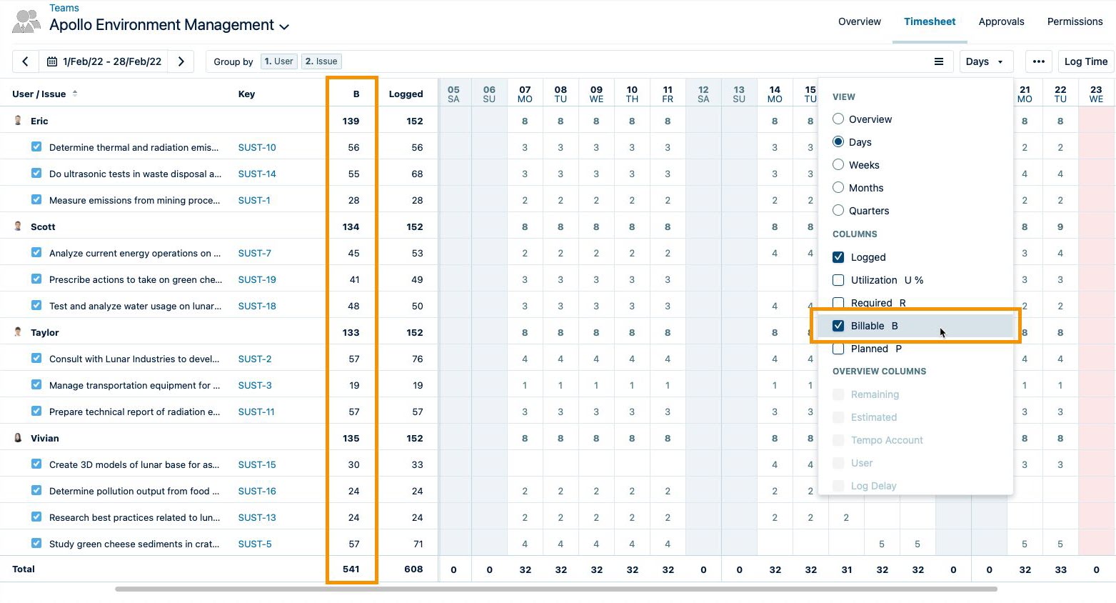 Billable column on a timesheet