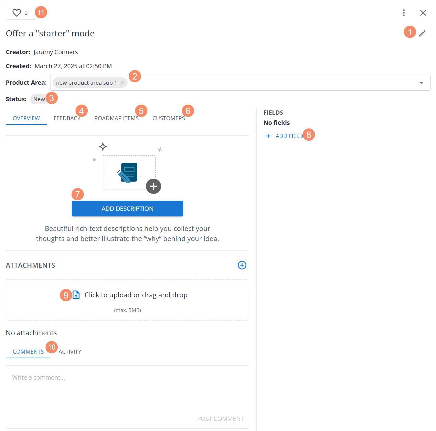 Labeled parts of an idea card