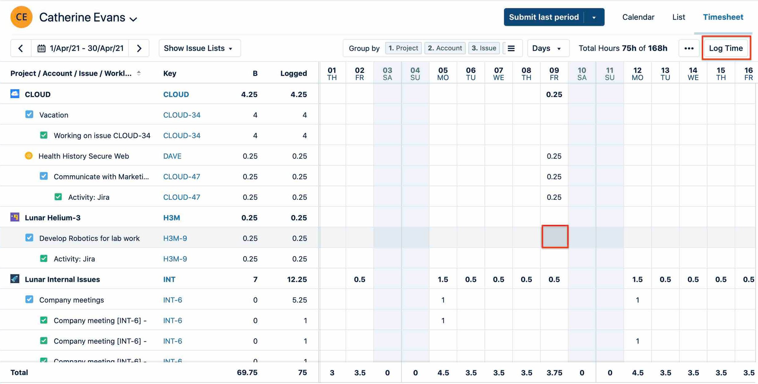 Log time button on the Timesheet