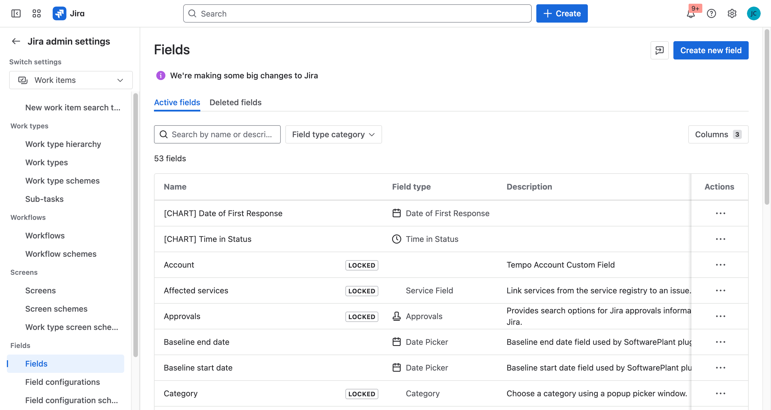Fields screen under admin settings