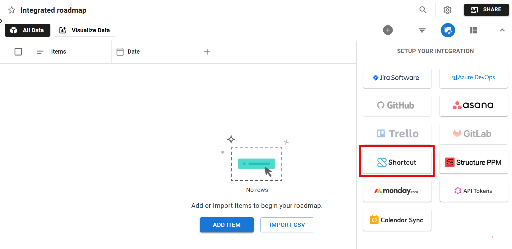 Shortcut integrations button