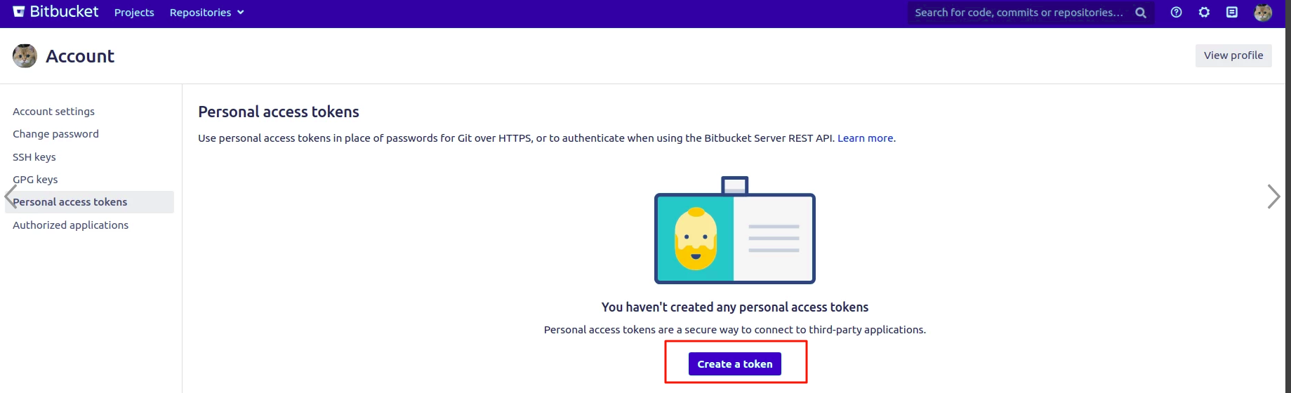 On the Personal access tokens menu, click the button "Create a token".png