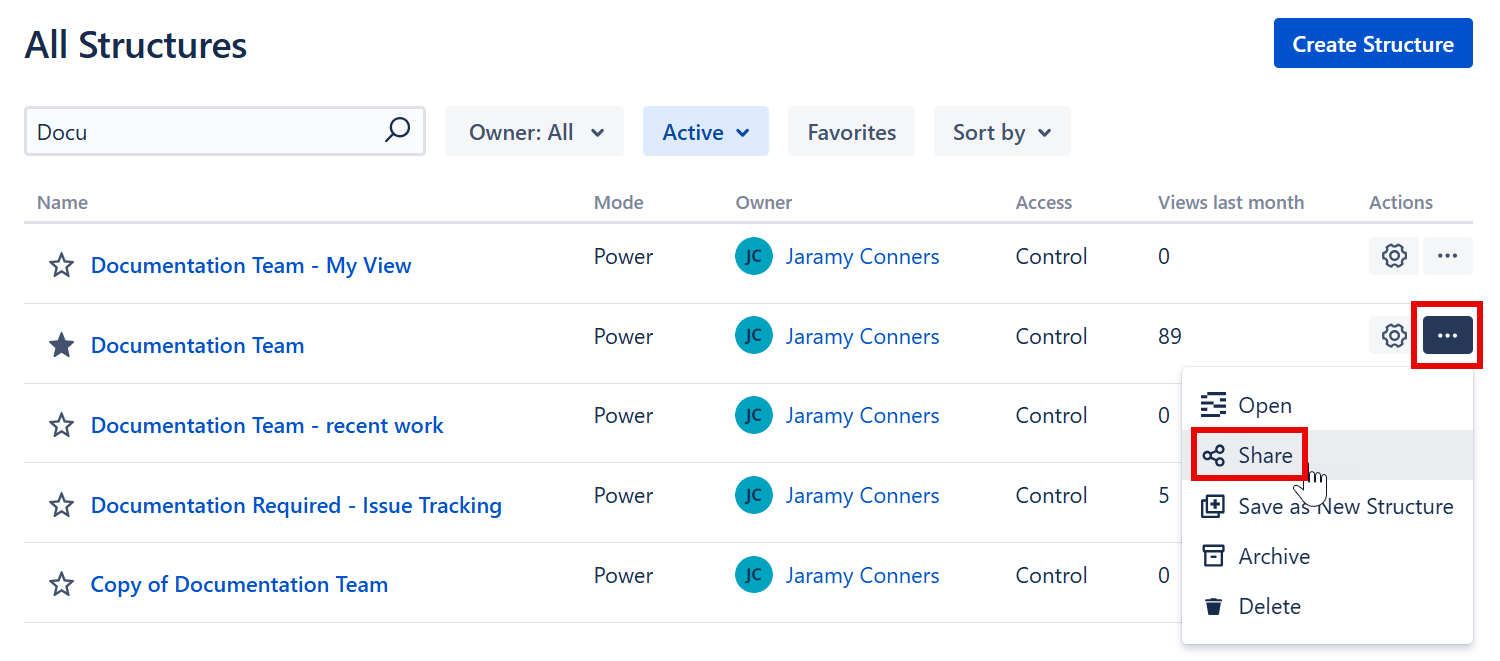 Sharing a structure from the All Structures page