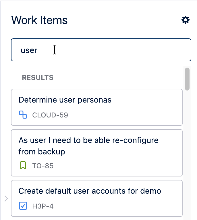 Entering a serach into Work Item search bar
