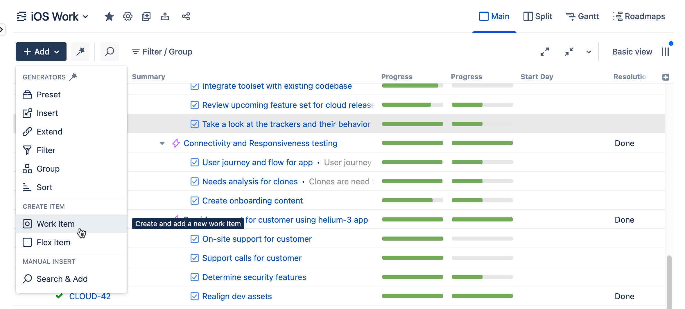 Create new work item in the Add men