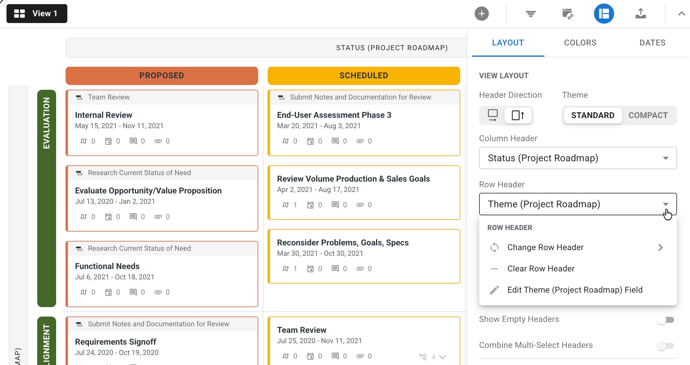 Row header option in the Format panel
